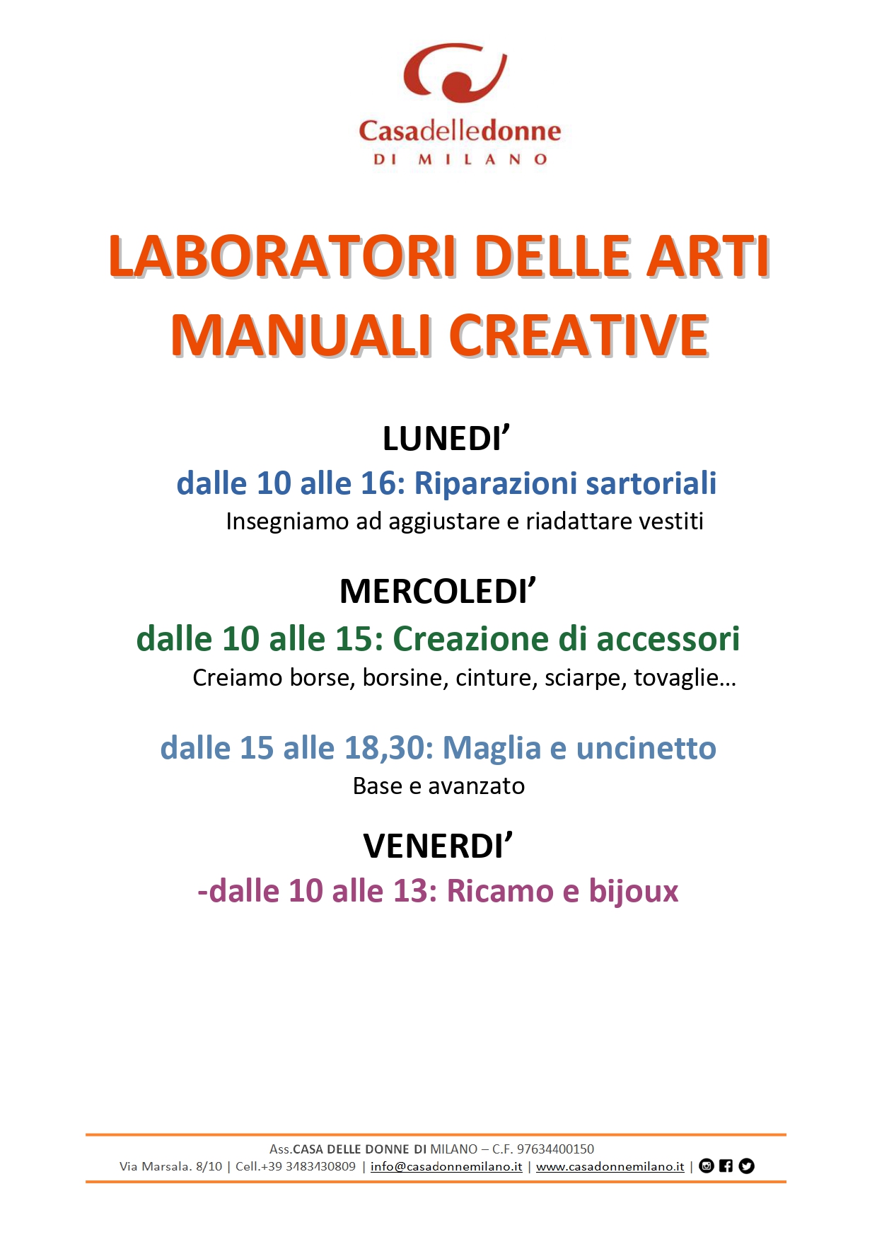 Apertura dei Laboratori delle Arti Manuali Creative @ Casa delle Donne di Milano