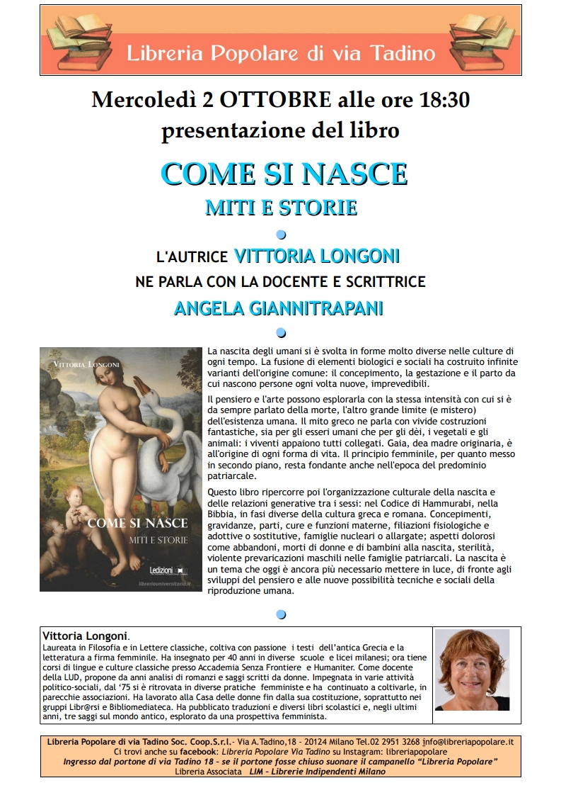 Presentazione del libro "Come si Nasce. Miti e Storie" di Vittoria Longoni @ Libreria Popolare di Via Tadino