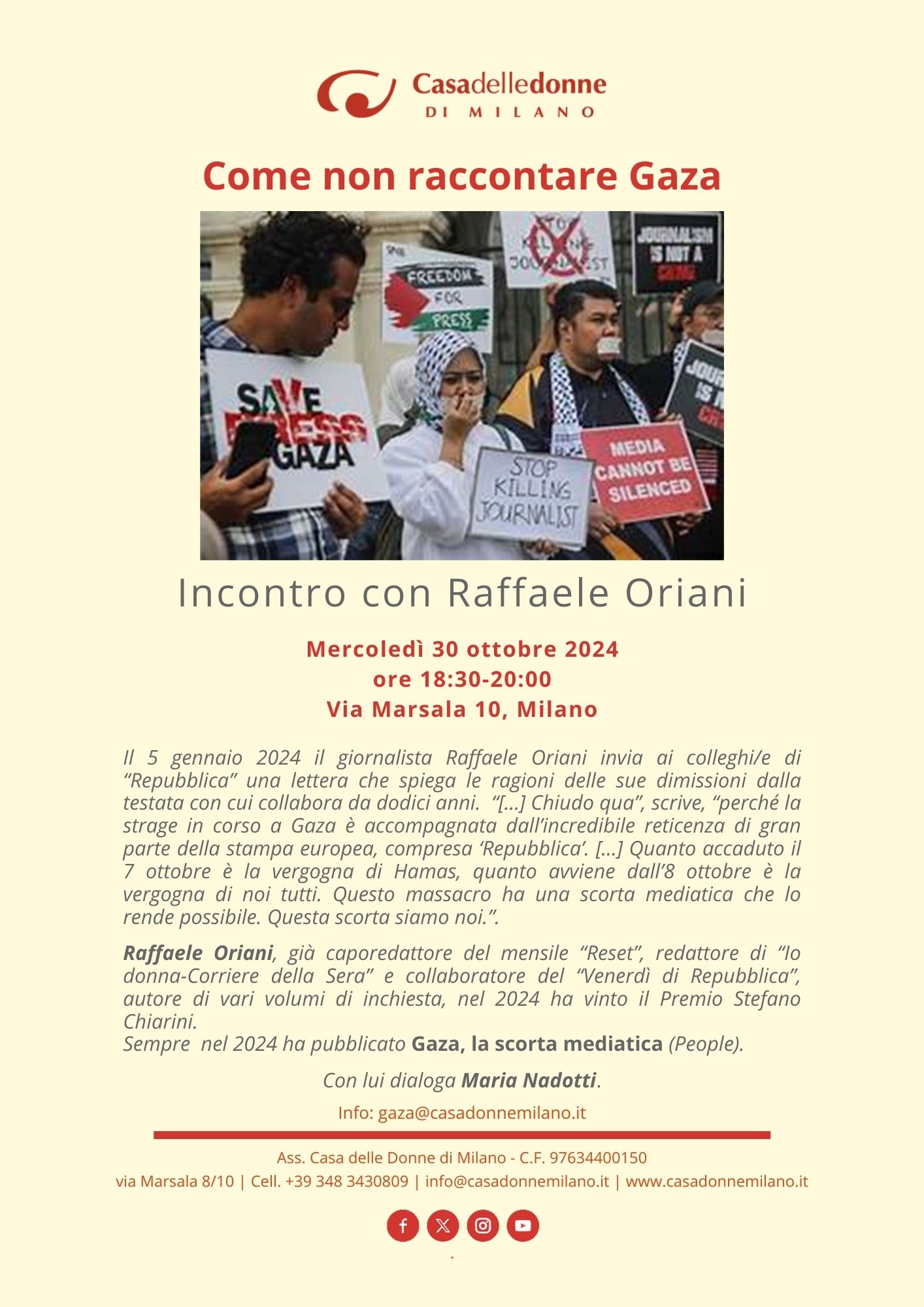 Incontro con il giornalista Raffaele Oriani, autore del libro "Gaza la scorta mediatica" @ Casa delle Donne di Milano