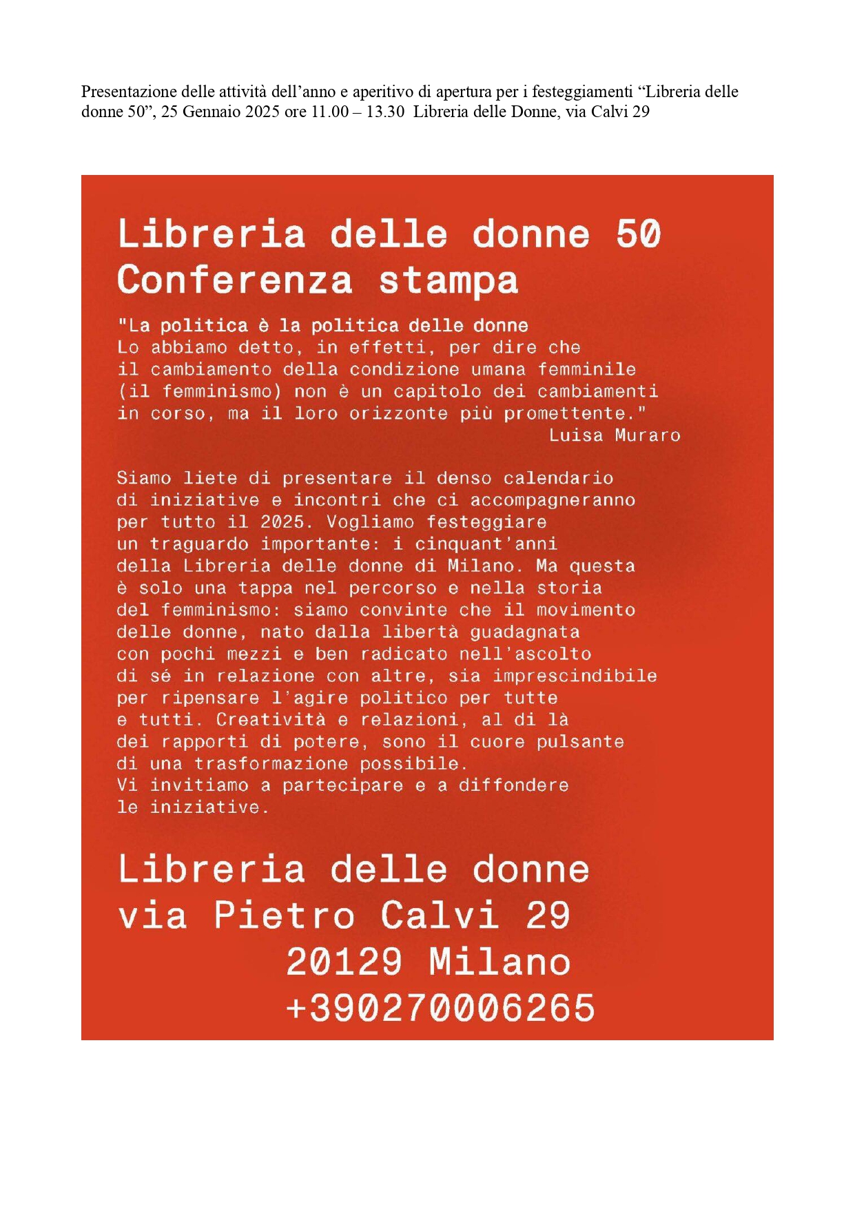 Libreria delle Donne di Milano - Conferenza stampa - Presentazione delle attività dell’anno e aperitivo di apertura per i festeggiamenti “Libreria delle donne 50” @ Libreria delle Donne di Milano