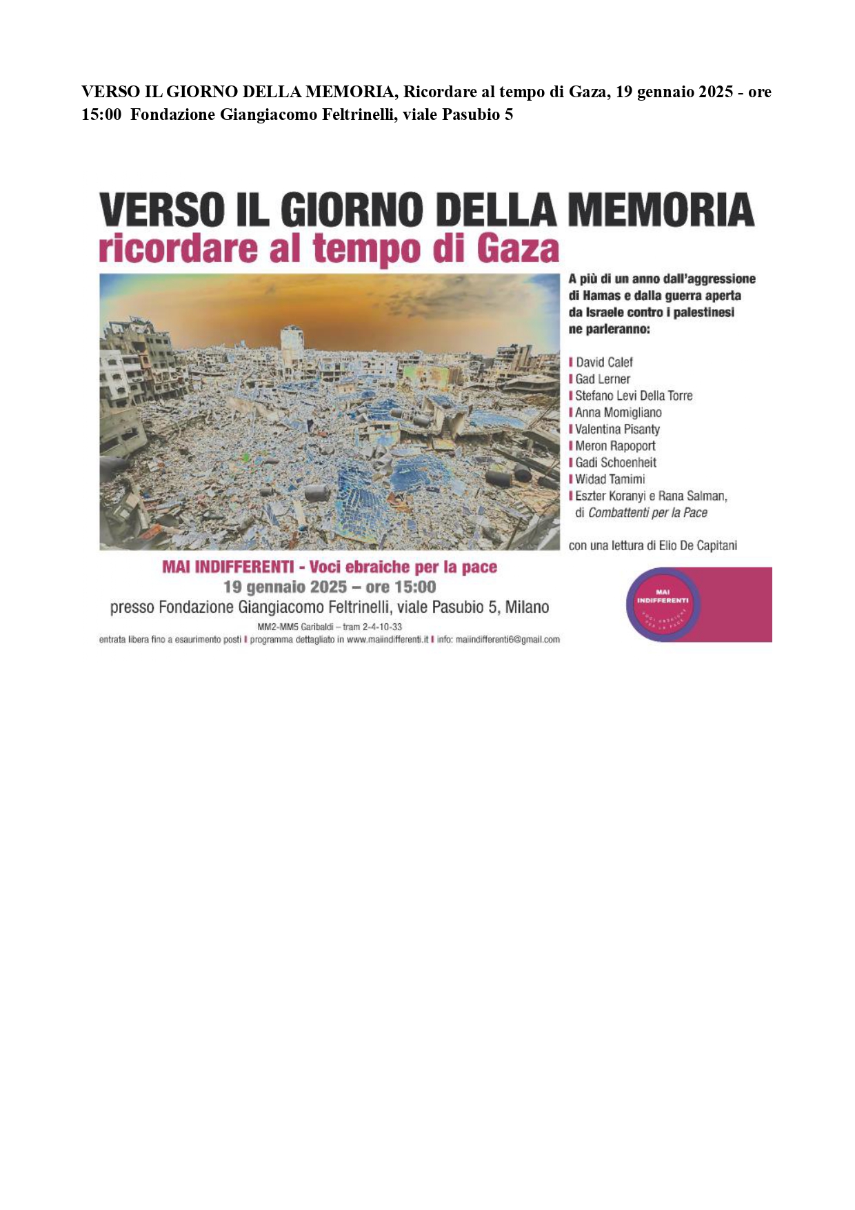 Verso il Giorno della Memoria - Ricordare al tempo di Gaza @ Fondazione Giangiacomo Feltrinelli