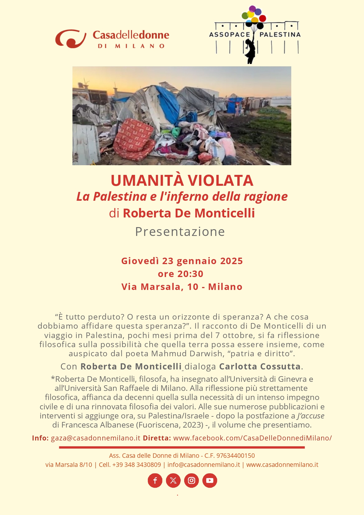 Presentazione del libro "Umanità violata. La Palestina e l'inferno della ragione" di Roberta De Monticelli @ Casa delle Donne di Milano