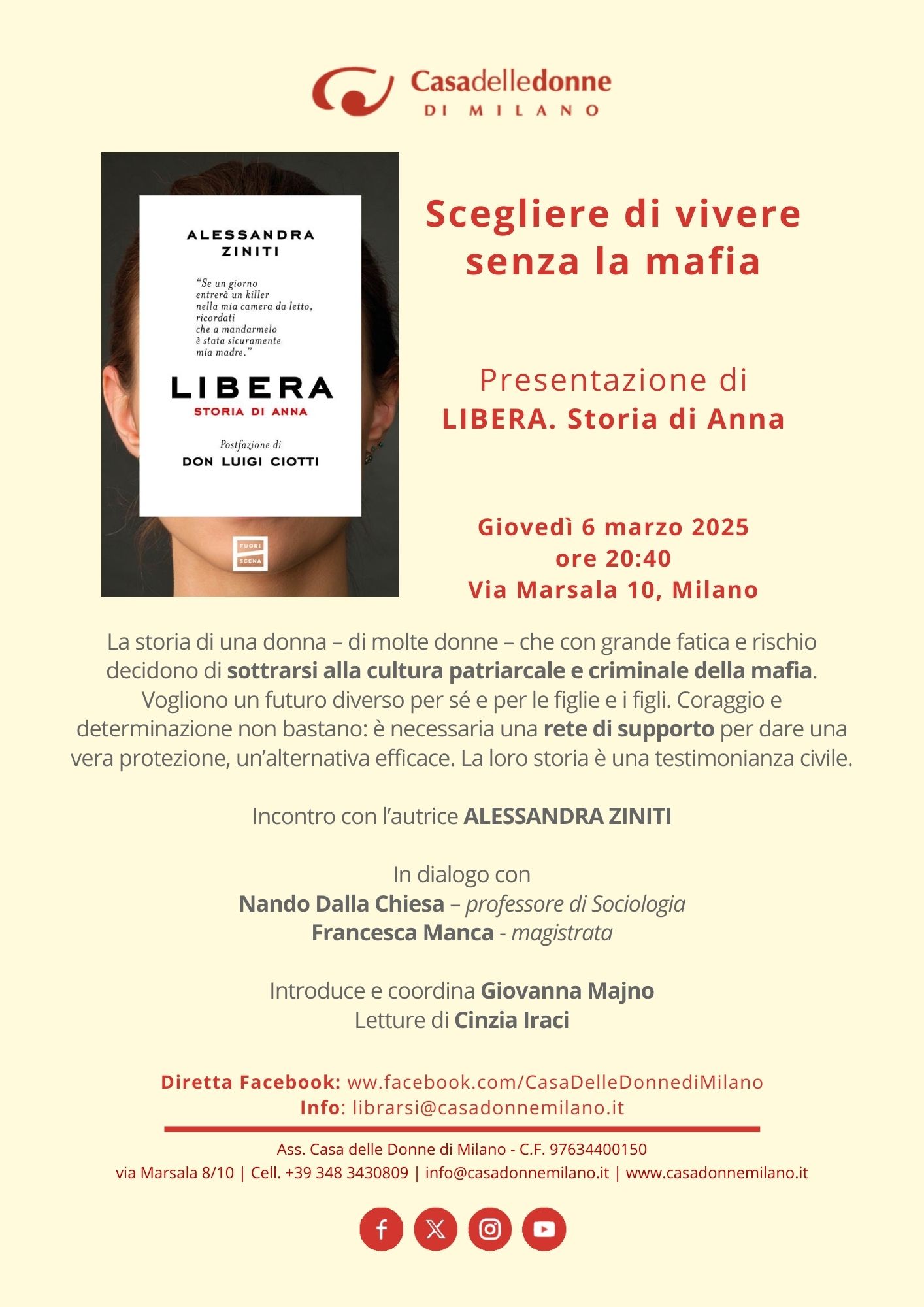 Scegliere di vivere senza la mafia. Presentazione del libro “Libera. Storia di Anna” di Alessandra Ziniti (ed FuoriScena 2025) @ Casa delle Donne di Milano